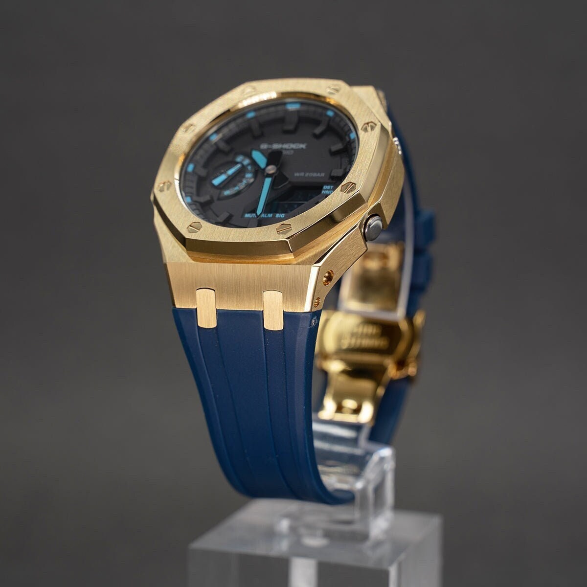 Casioak Mod Watch Gold Case Blue Rubber Strap Black Time Mark Black Dial 44mm Blue - Casioak Studio