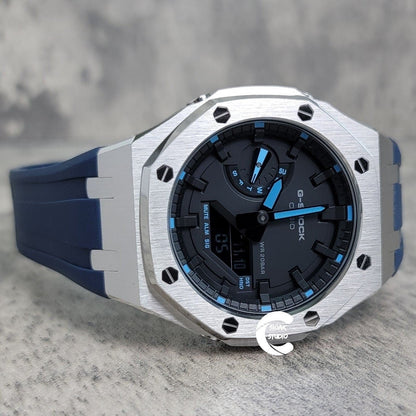 Casioak Mod Watch Silver Case Blue Rubber Strap Black Time Mark Black Dial Blue 44mm - Casioak Studio