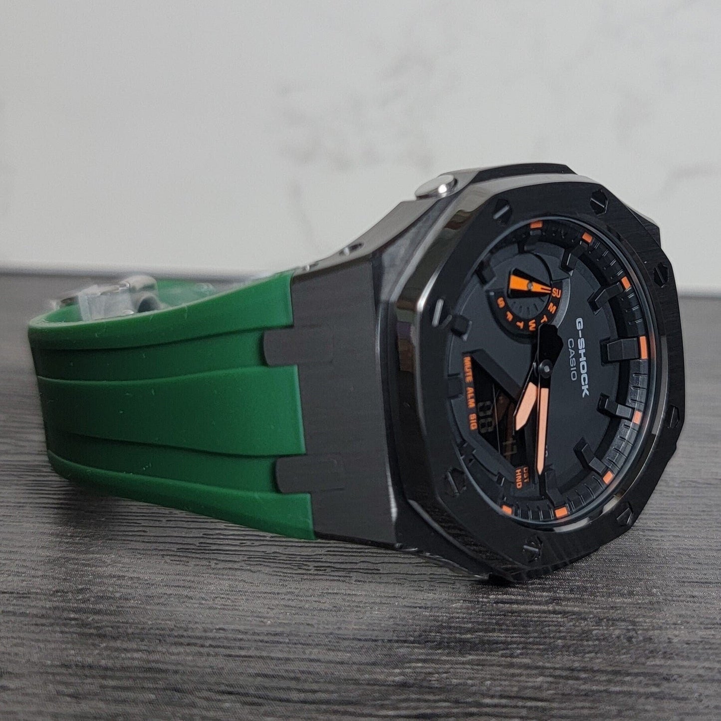 Casioak Mod Watch Gray Case Green Rubber Strap Black Black Time Mark Black Dial Orange 44mm - Casioak Studio