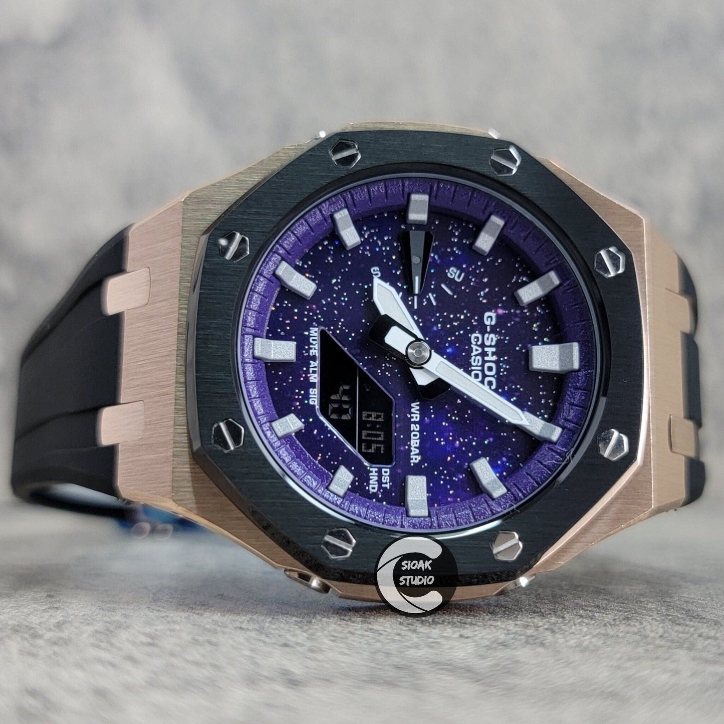 Casioak Mod Watch Black Rose Gold Case Black Rubber Strap Purple Silver Time Mark Purple Dial 44mm     Christ - Casioak Studio