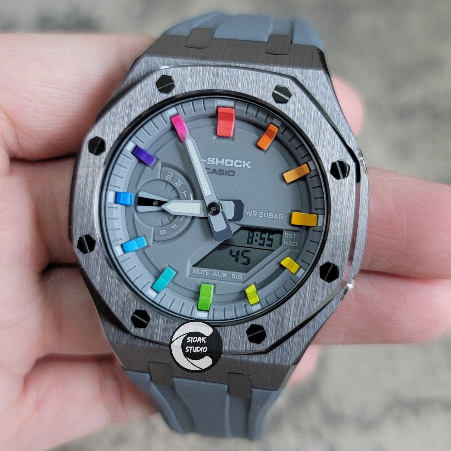 Casioak Mod Watch Grey Case Gray Rubber Strap Gray Rainbow Time Mark Gray Dial 44mm - Casioak Studio