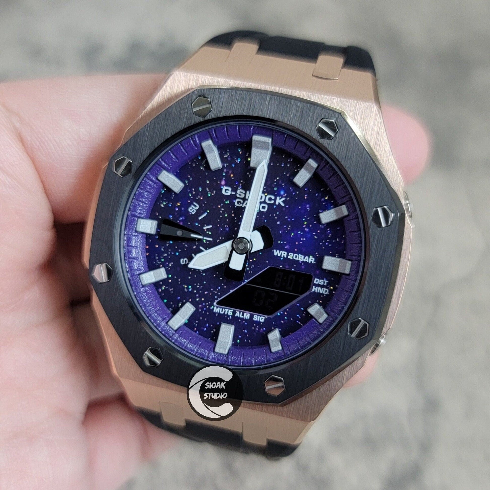 Casioak Mod Watch Black Rose Gold Case Black Rubber Strap Purple Silver Time Mark Purple Dial 44mm     Christ - Casioak Studio