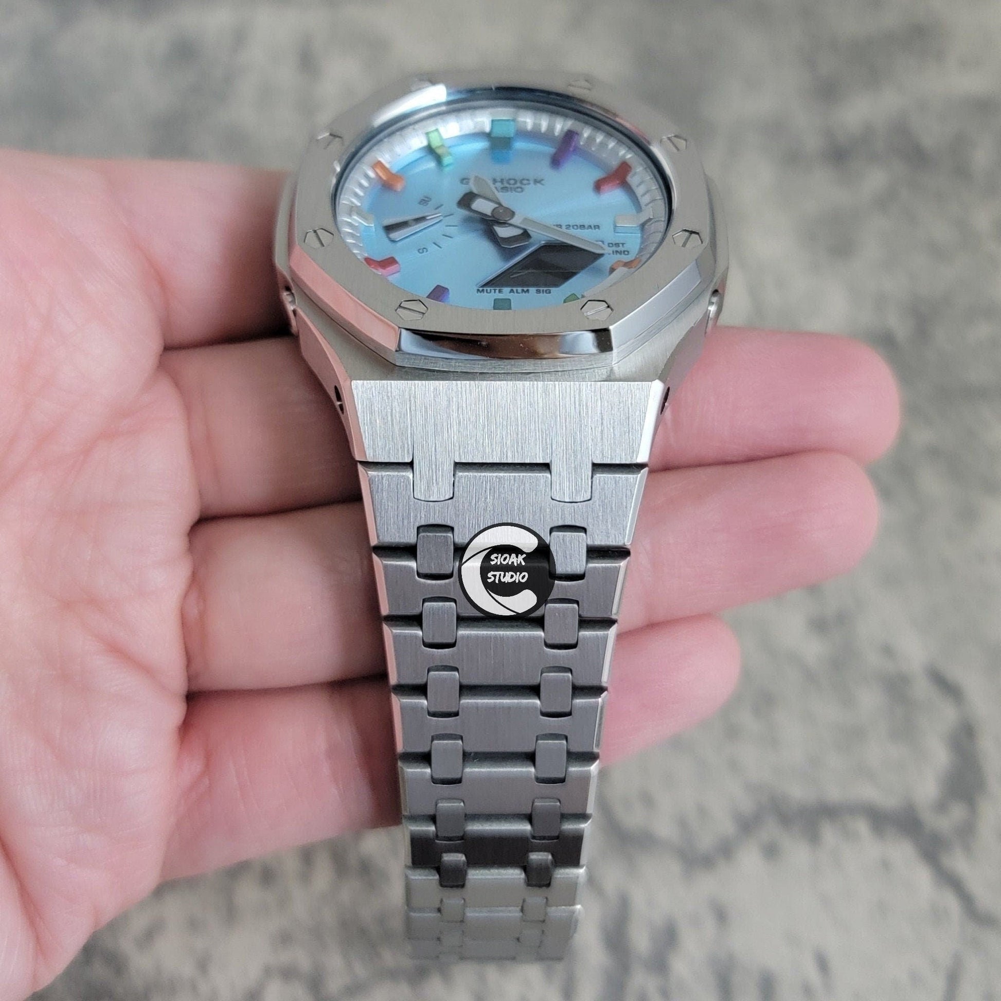 Casioak Mod Watch Silver Case Metal Strap Silver Metalliv Rainbow Time Mark Ice  Blue Dial 44mm - Casioak Studio