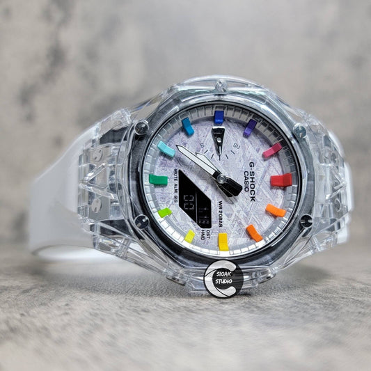 Casioak Mod Watch Transparent Case White Strap Silver Rainbow Time Mark Meteorite Dial 44mm - Casioak Studio