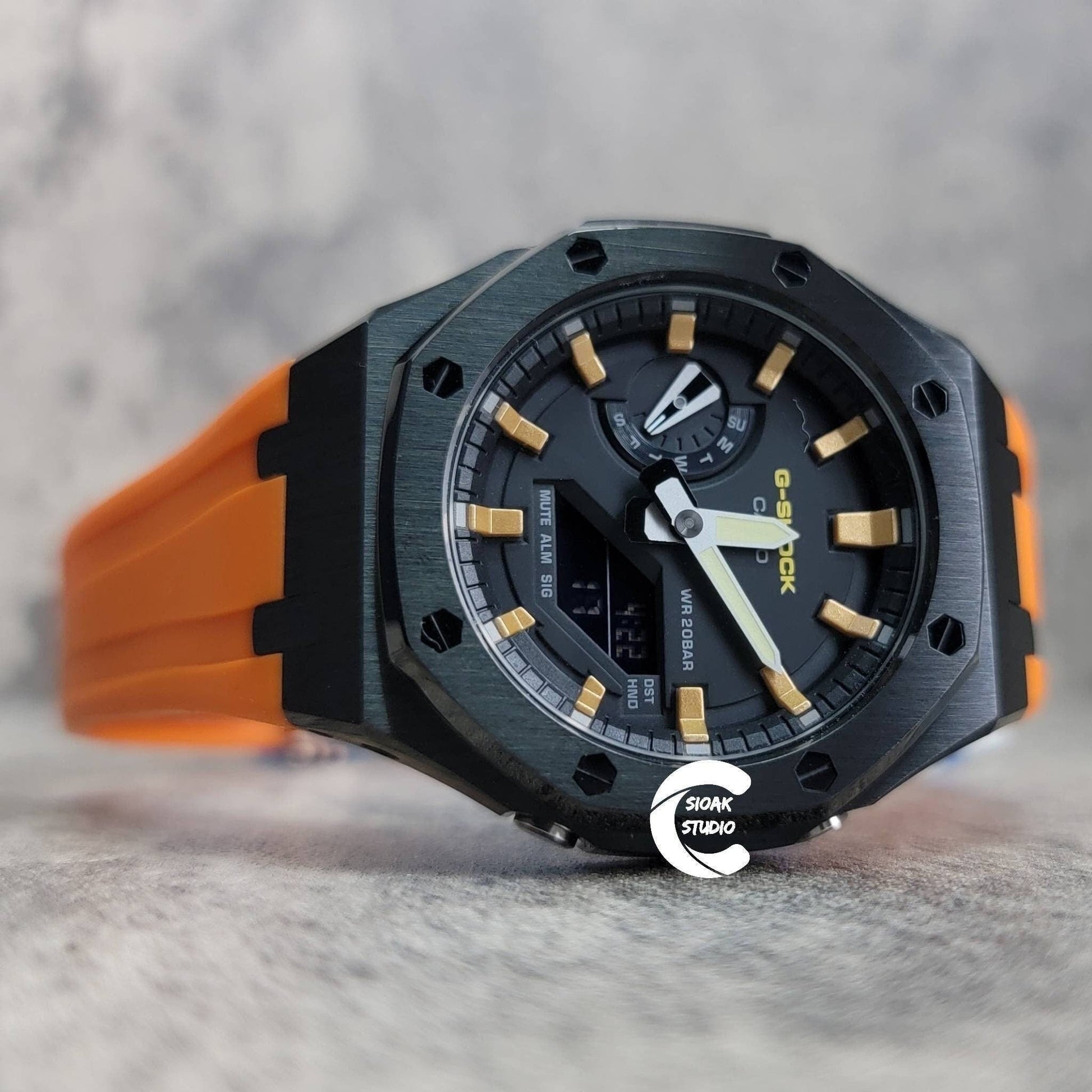 Casioak Mod Watch Black Case Orange Rubber Strap Black Gold Time Mark Black Dial 44mm - Casioak Studio