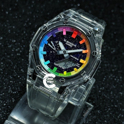 Casioak Mod Watch Transparent Case Strap Rainbow Time Mark Purple Dial 44mm - Casioak Studio