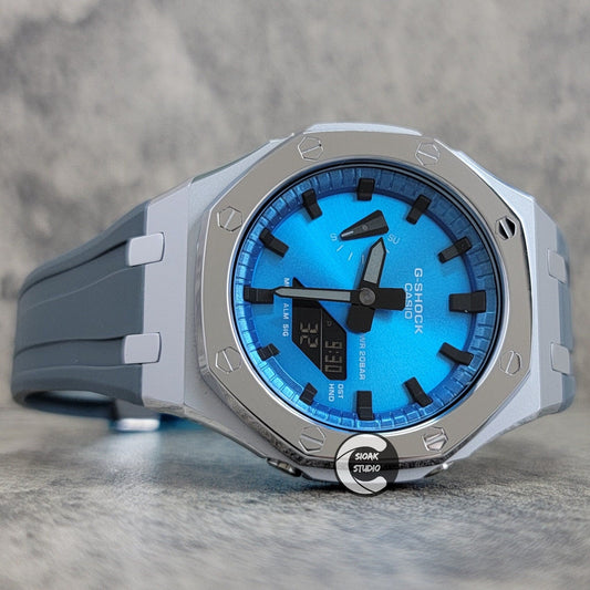 Casioak Mod Watch Polished Silver Case Grey Strap Blue Black Time Mark Metallic Blue Dial 44mm - Casioak Studio