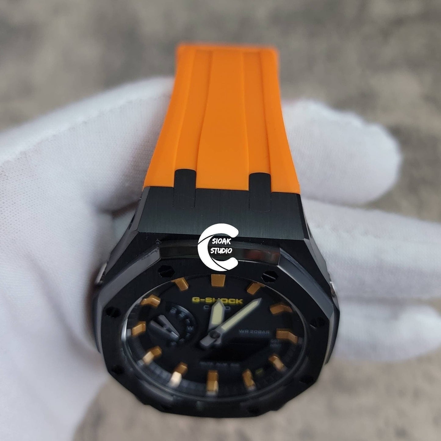 Casioak Mod Watch Black Case Orange Rubber Strap Black Gold Time Mark Black Dial 44mm - Casioak Studio