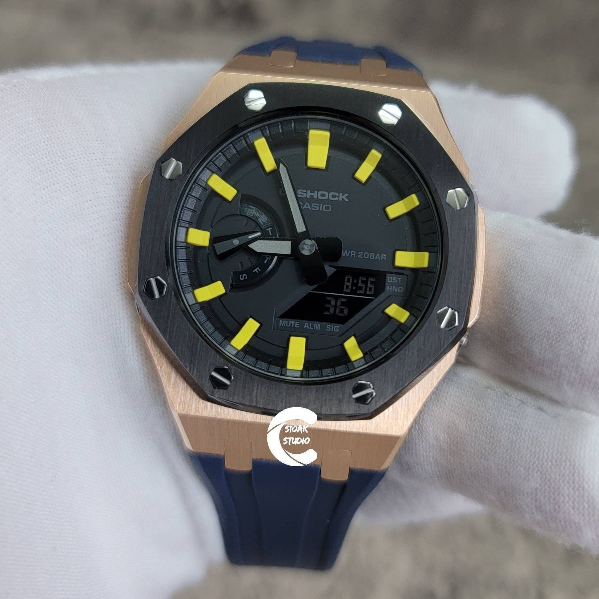 Casioak Mod Watch Black Rose Gold Case Blue Rubber Strap Black Yellow Time Mark Black Dial 44mm - Casioak Studio