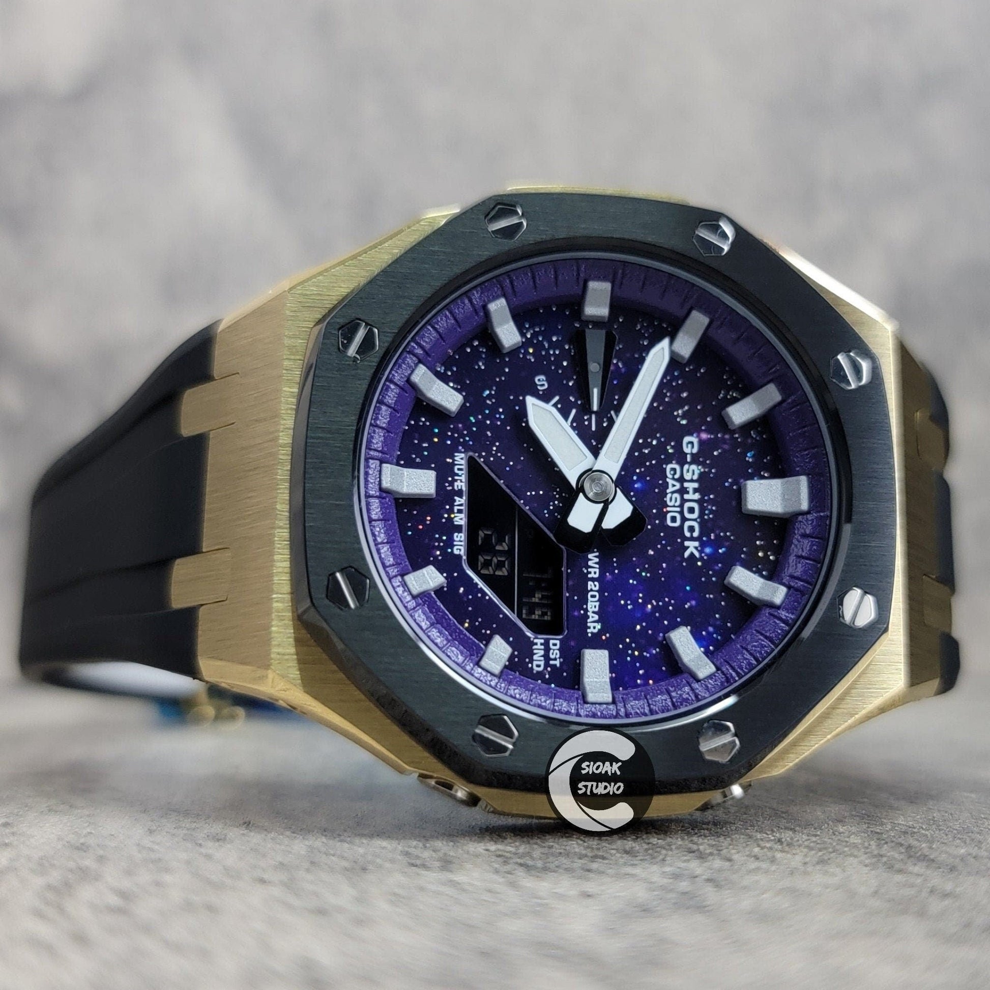 Casioak Mod Watch Black Gold Case Black Rubber Strap Purple Silver Time Mark Purple Dial 44mm - Casioak Studio