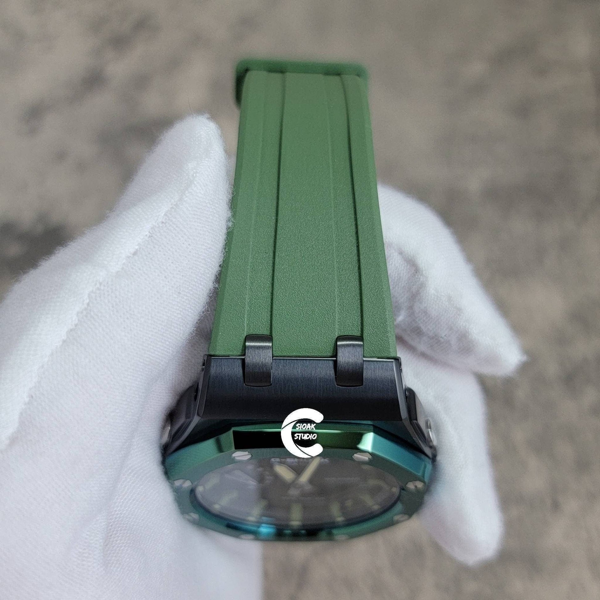 Casioak Mod Watch Offshore Superior Green Black Case Green Rubber Rubber Strap Black Green Time Mark Black Dial 44mm - Casioak Studio