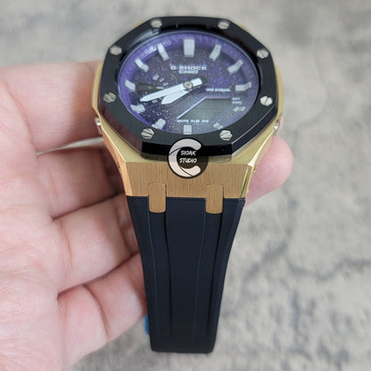 Casioak Mod Watch Black Gold Case Black Rubber Strap Purple Silver Time Mark Purple Dial 44mm - Casioak Studio