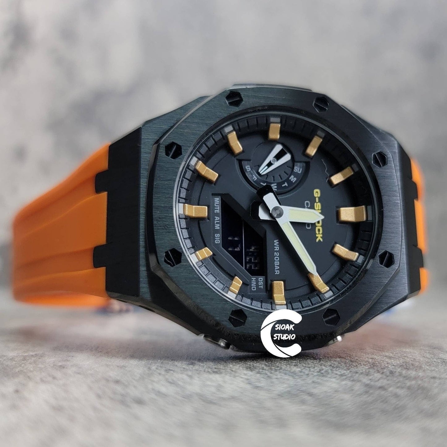 Casioak Mod Watch Black Case Orange Rubber Strap Black Gold Time Mark Black Dial 44mm - Casioak Studio