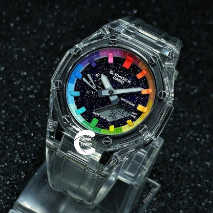 Casioak Mod Watch Transparent Case Strap Rainbow Time Mark Purple Dial 44mm - Casioak Studio