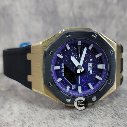 Casioak Mod Watch Black Gold Case Black Rubber Strap Purple Silver Time Mark Purple Dial 44mm - Casioak Studio