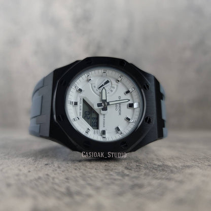 Casioak Mod Watch Black Case Gray Rubber Strap White Silver Time Mark White Dial 42mm - Casioak Studio