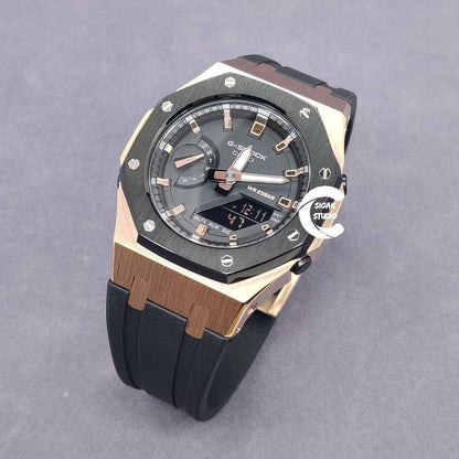 Casioak Mod Watch Black Rose Gold Case Black Rubber Strap Black Rose Gold Time Mark Black Dial 44mm - Casioak Studio