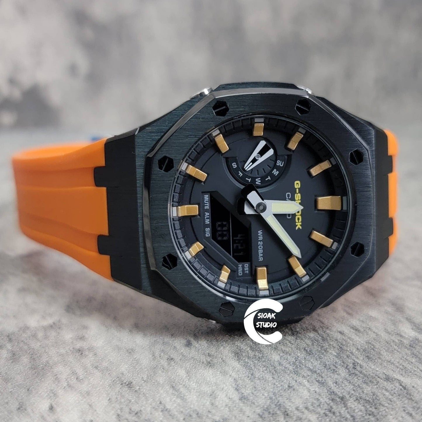 Casioak Mod Watch Black Case Orange Rubber Strap Black Gold Time Mark Black Dial 44mm - Casioak Studio