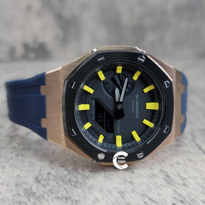 Casioak Mod Watch Black Rose Gold Case Blue Rubber Strap Black Yellow Time Mark Black Dial 44mm - Casioak Studio