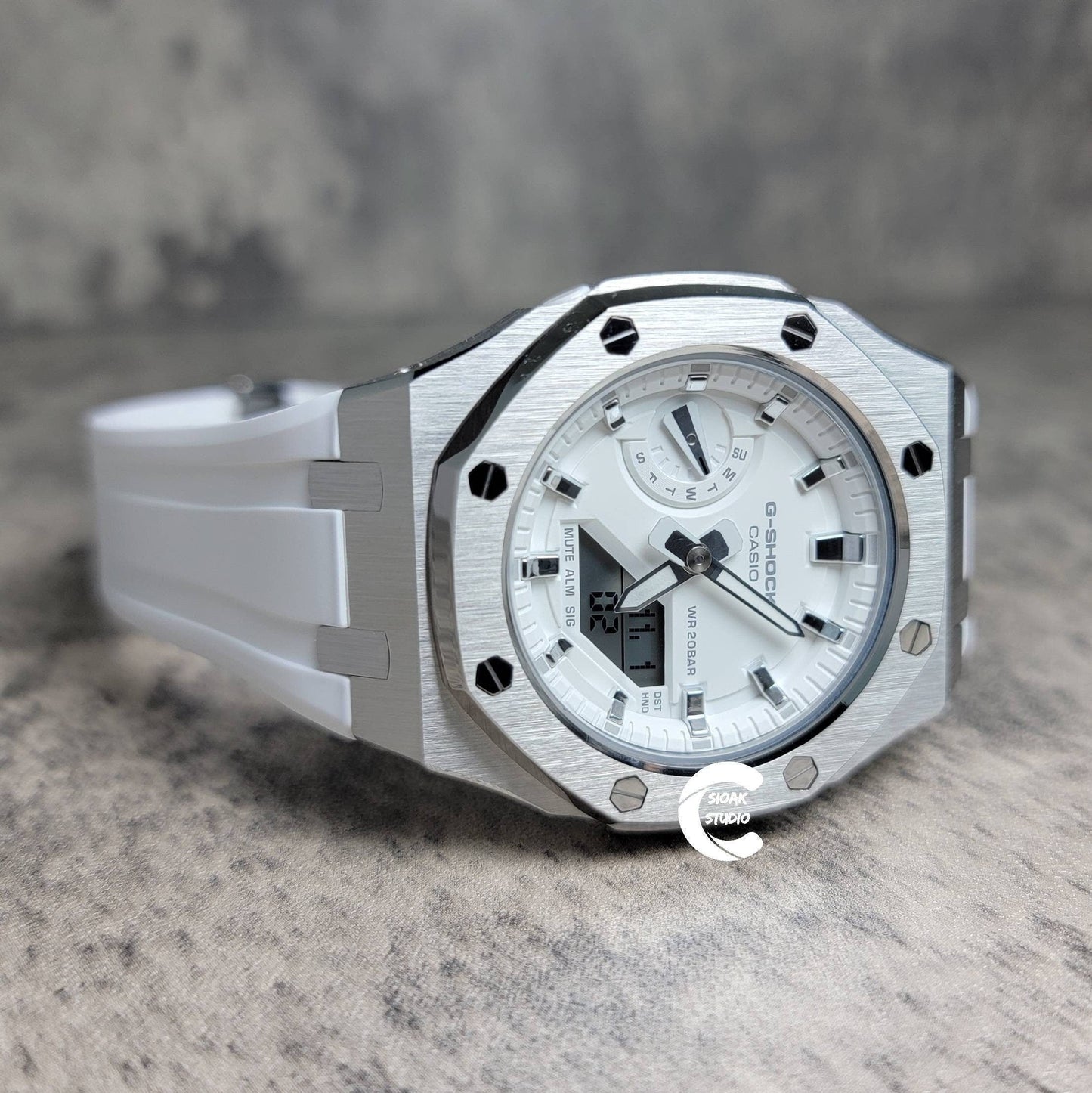 Casioak Mod Watch Silver Case White Rubber Strap White Silver Time Mark White Dial 42mm - Casioak Studio