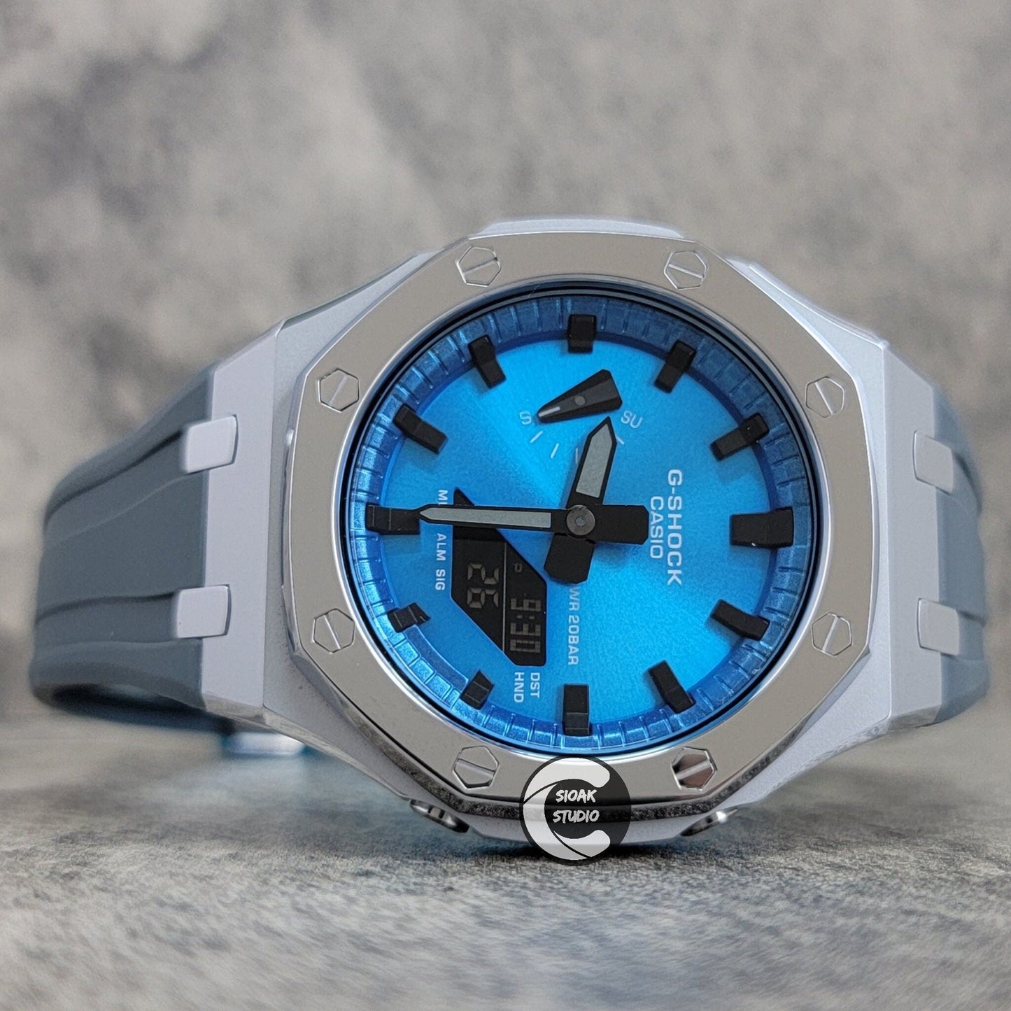 Casioak Mod Watch Polished Silver Case Grey Strap Blue Black Time Mark Metallic Blue Dial 44mm - Casioak Studio