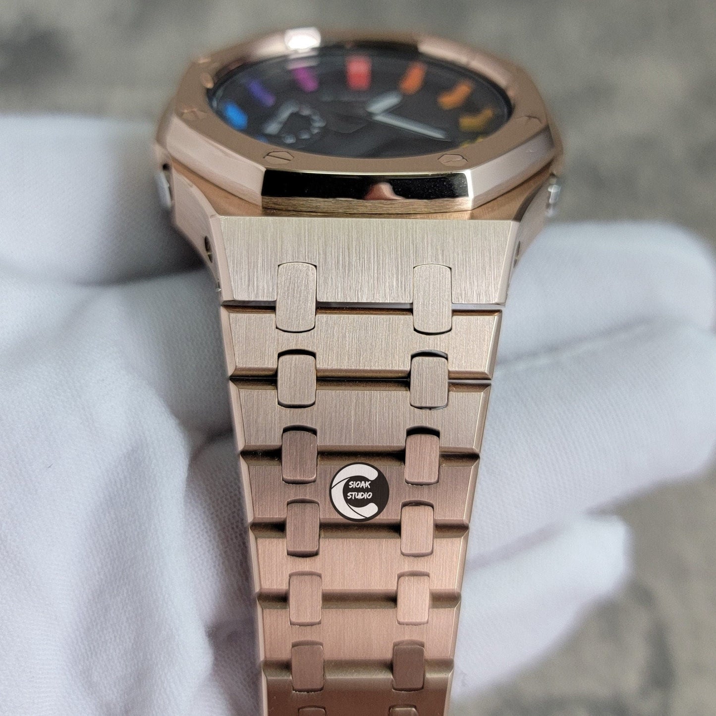 Casioak Mod Watch Rose Gold Case Metal Strap Black Rainbow Time Mark Black Dial 44mm - Casioak Studio