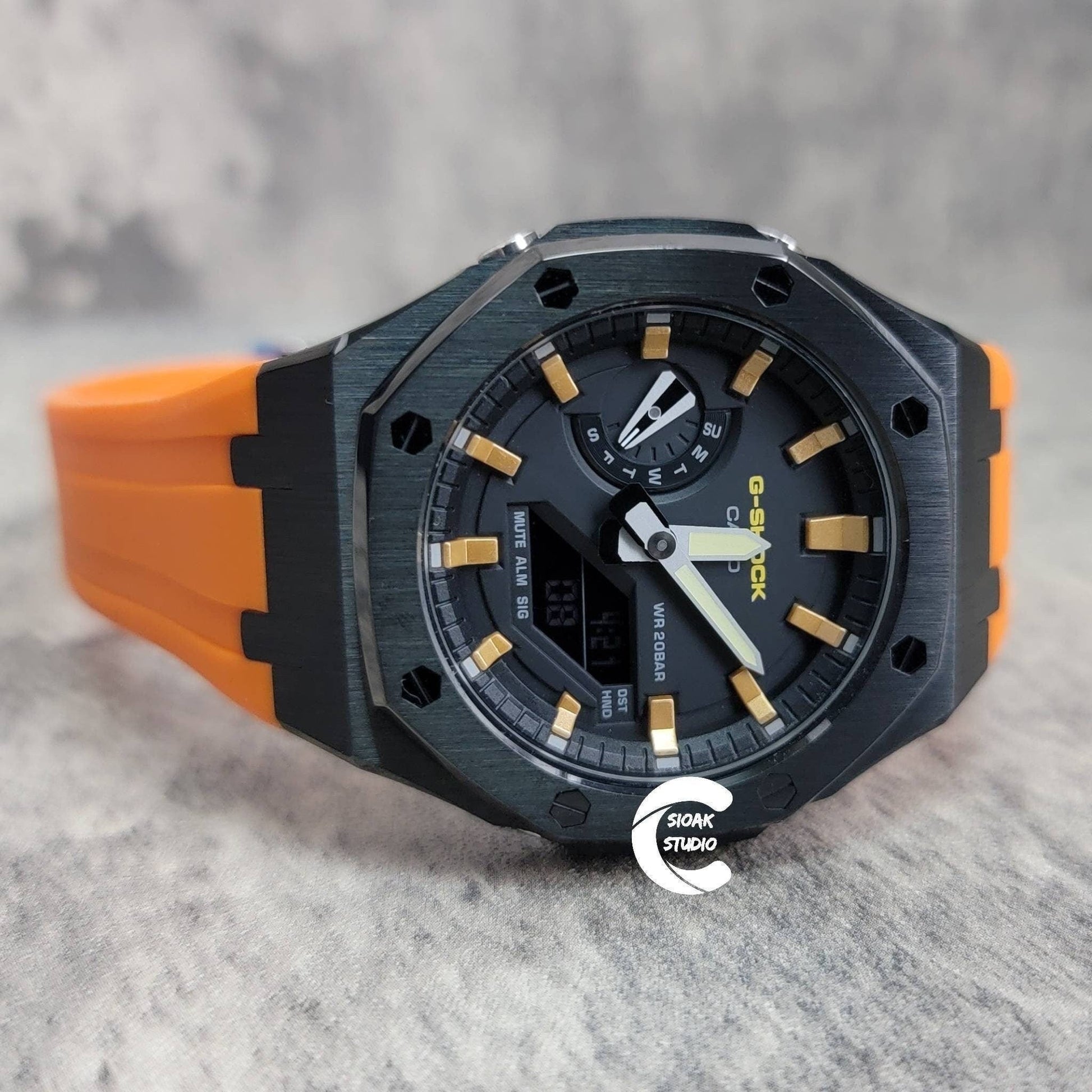 Casioak Mod Watch Black Case Orange Rubber Strap Black Gold Time Mark Black Dial 44mm - Casioak Studio