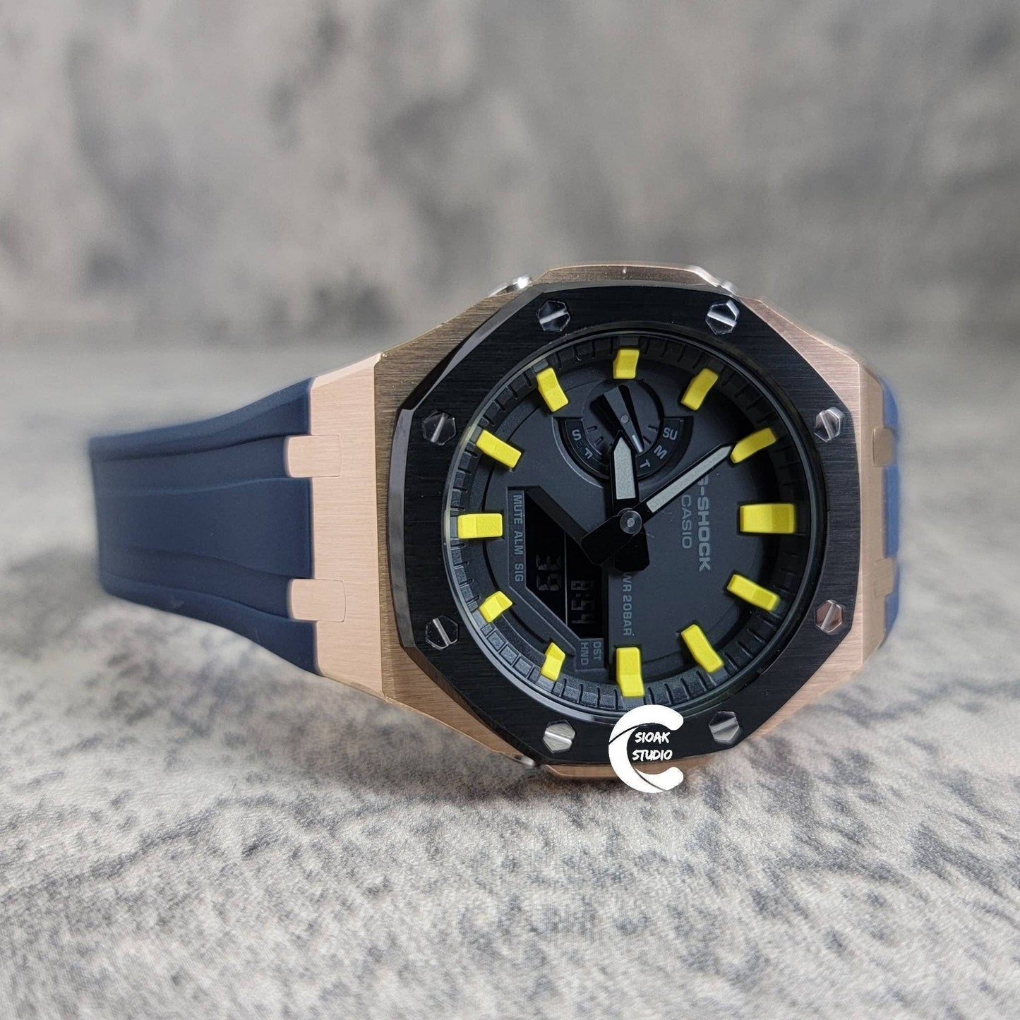 Casioak Mod Watch Black Rose Gold Case Blue Rubber Strap Black Yellow Time Mark Black Dial 44mm - Casioak Studio