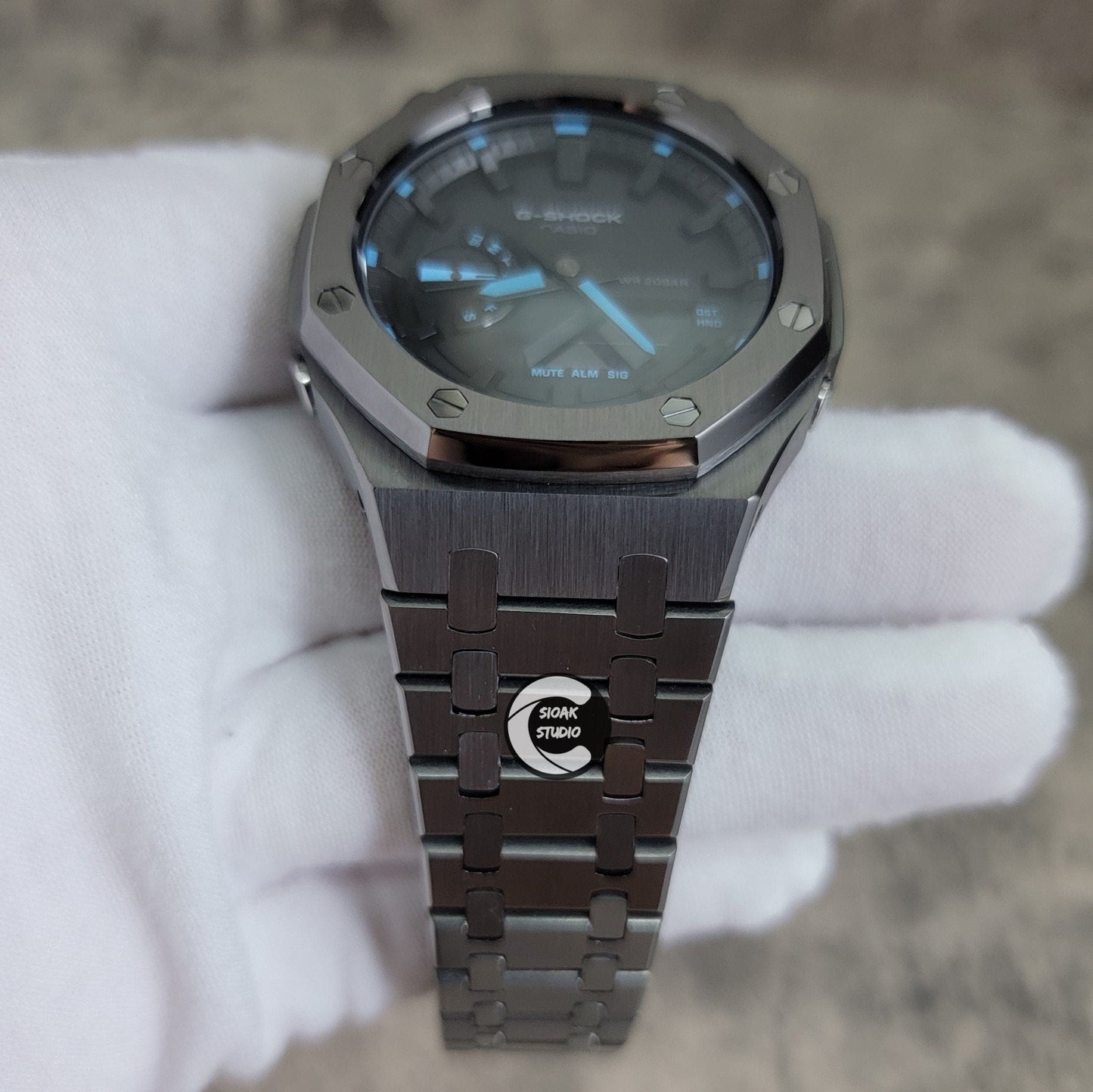 Casioak Mod Watch Gray Case Metal Strap Black Time Mark Black Dial Blue 44mm - Casioak Studio