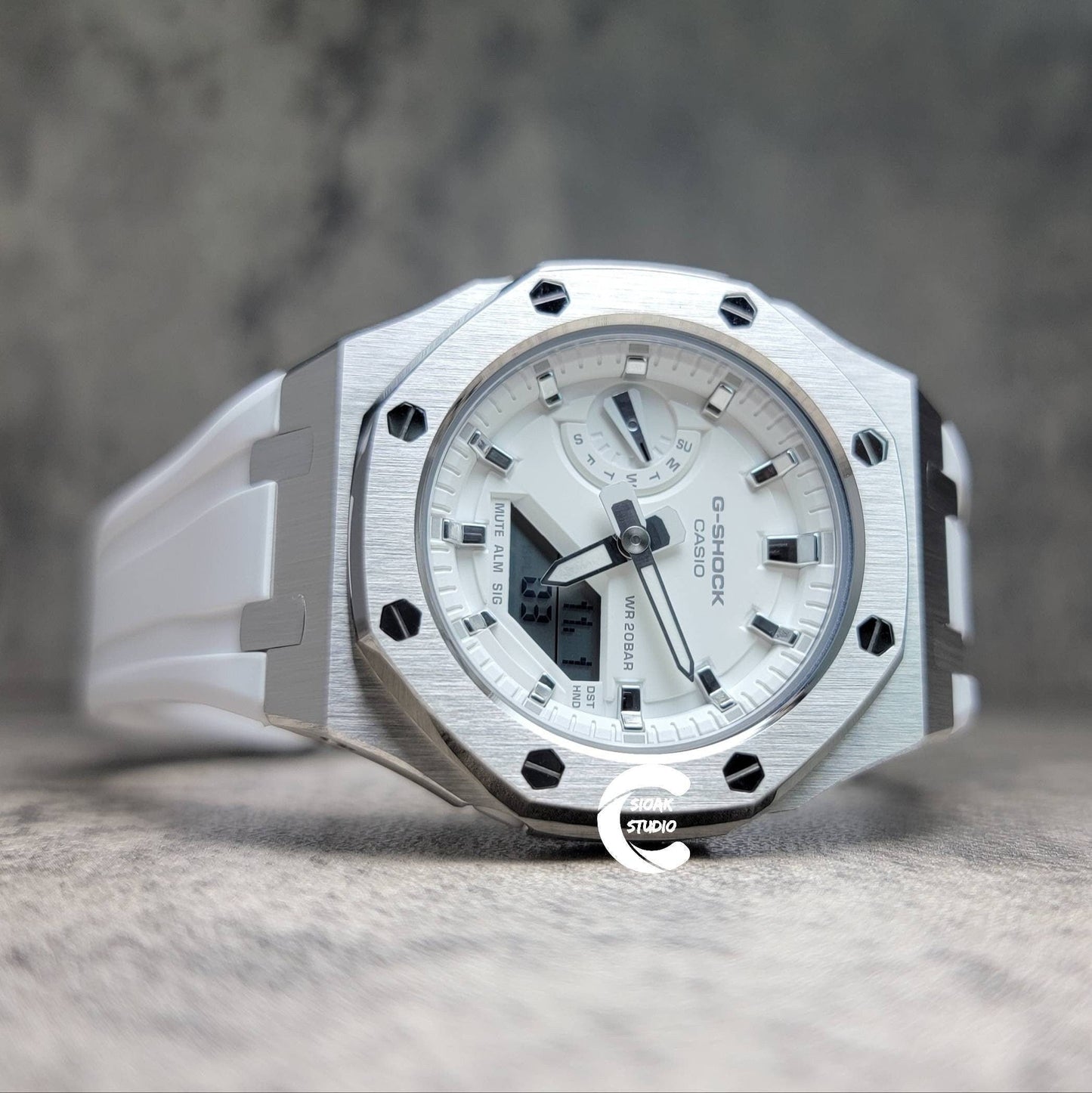 Casioak Mod Watch Silver Case White Rubber Strap White Silver Time Mark White Dial 42mm - Casioak Studio