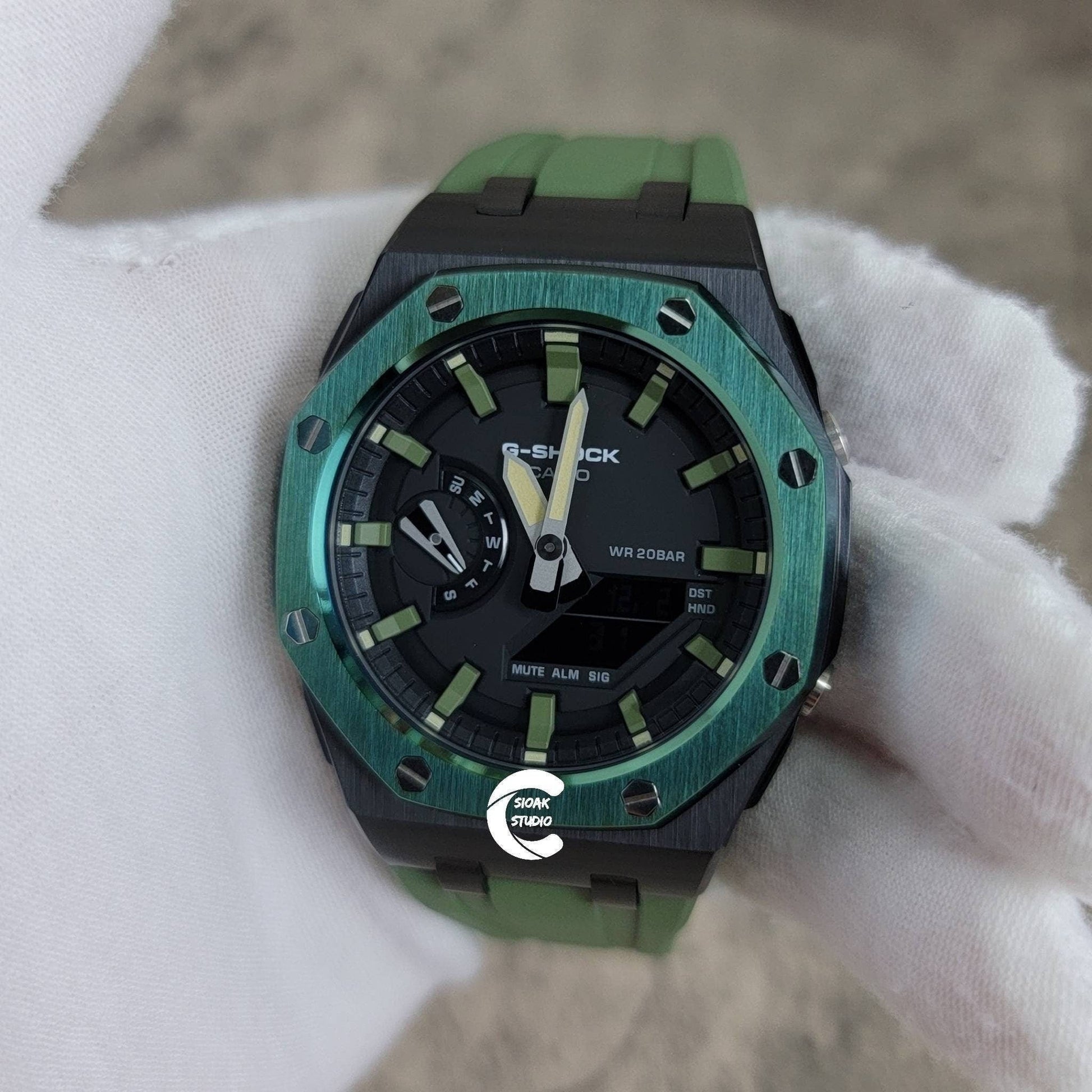 Casioak Mod Watch Offshore Superior Green Black Case Green Rubber Rubber Strap Black Green Time Mark Black Dial 44mm - Casioak Studio