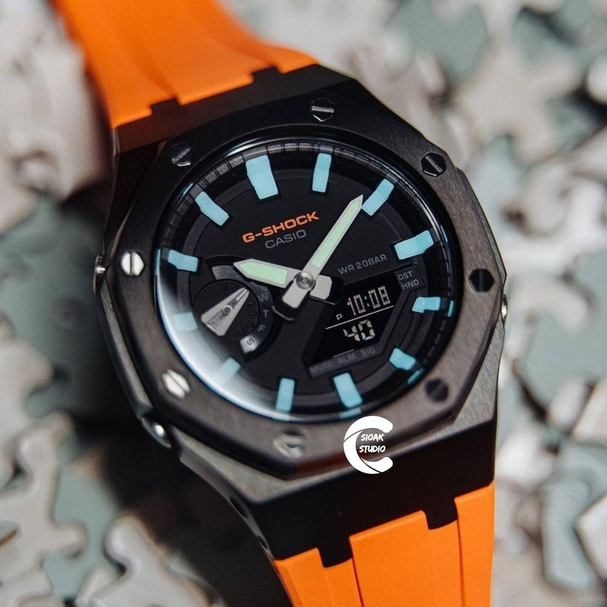 Casioak Mod Watch Black Case Orange Rubber Strap Black Blue Time Mark Black Dial 44mm - Casioak Studio