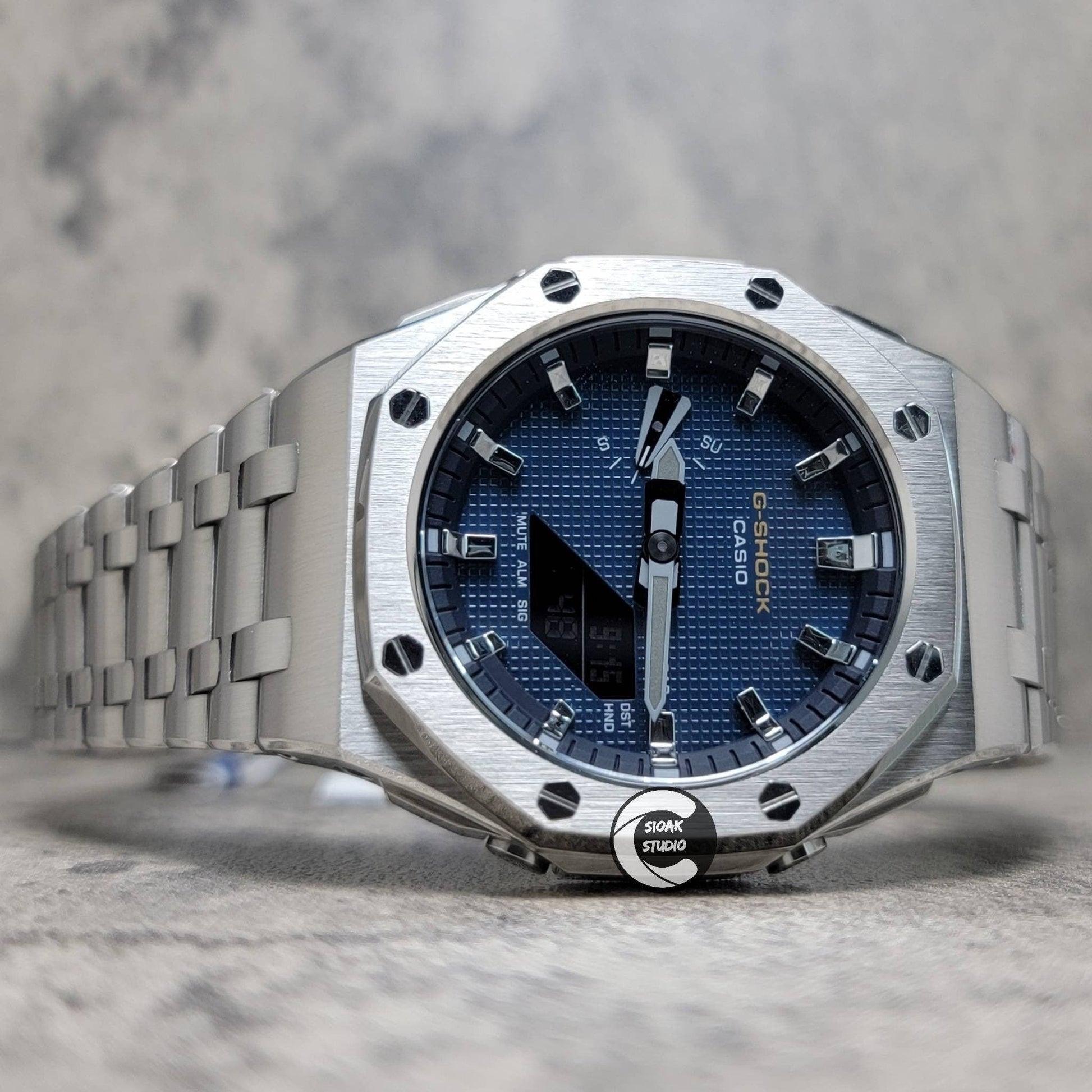 Casioak Mod Watch Offshore Superior Silver Case Metal Strap Blue Silver Time Mark Blue Waffle Dial 44mm - Casioak Studio