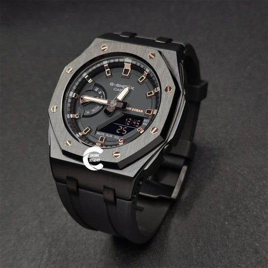 Casioak Mod Watch Offshore Superior Black Case Black Rubber Strap Black Rose Gold Time Mark Black Dial 42mm - Casioak Studio