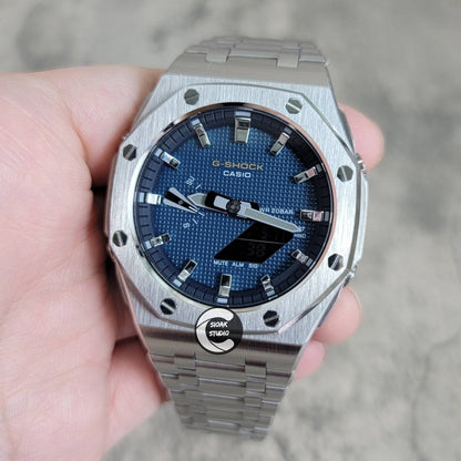 Casioak Mod Watch Offshore Superior Silver Case Metal Strap Blue Silver Time Mark Blue Waffle Dial 44mm - Casioak Studio