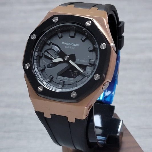 Casioak Mod Watch Black Rose Gold Case Black Rubber Strap Black Time Mark Black Dial 44mm - Casioak Studio