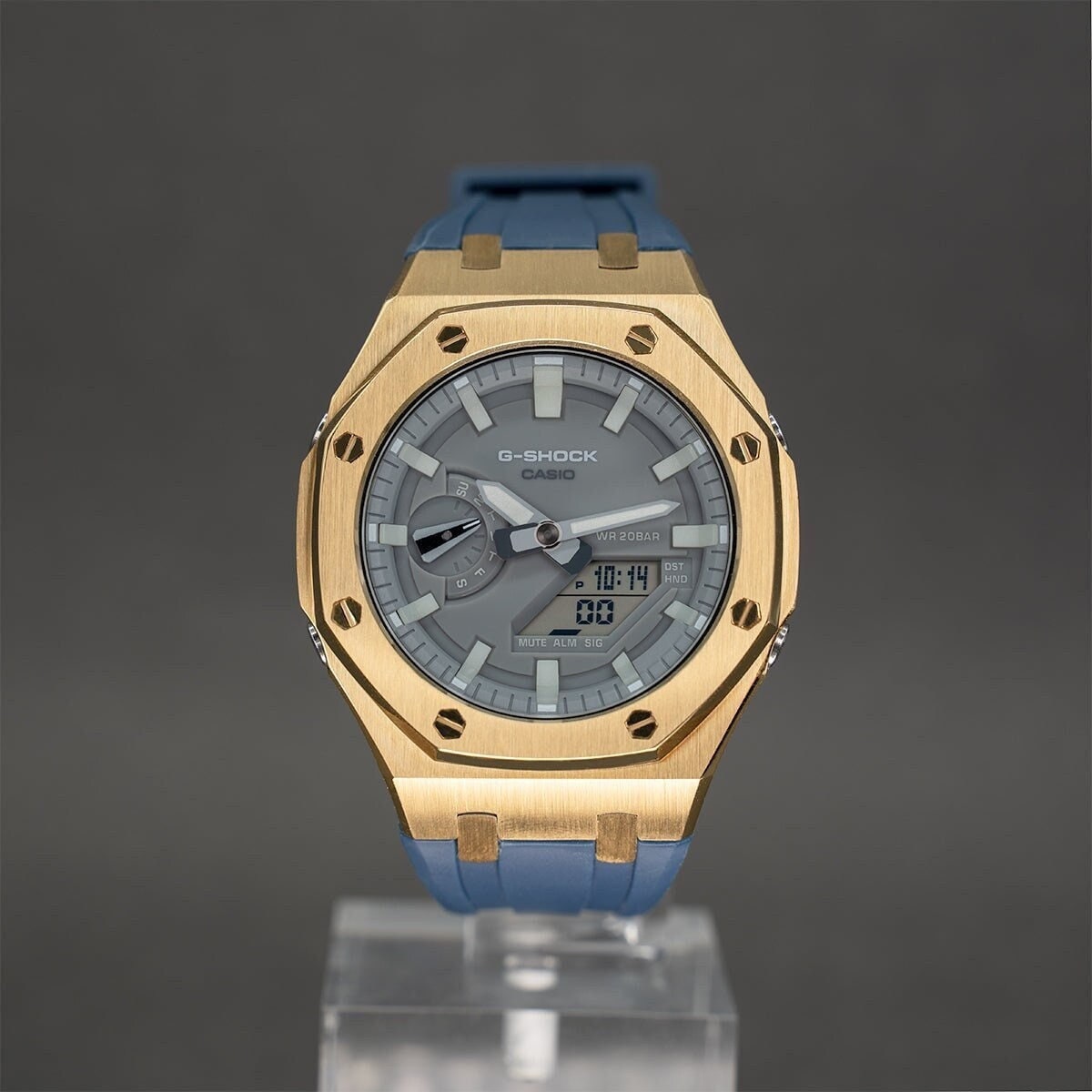 Casioak Mod Watch Gold Case Blue Rubber Strap Gray Luminous Time Mark Gray Dial 44mm - Casioak Studio