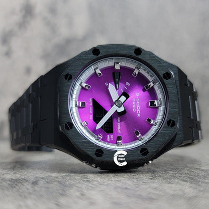 Casioak Mod Watch Black Case Metal Strap Silver Time Mark Purple Dial 44mm - Casioak Studio