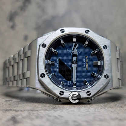 Casioak Mod Watch Offshore Superior Silver Case Metal Strap Blue Silver Time Mark Blue Waffle Dial 44mm - Casioak Studio