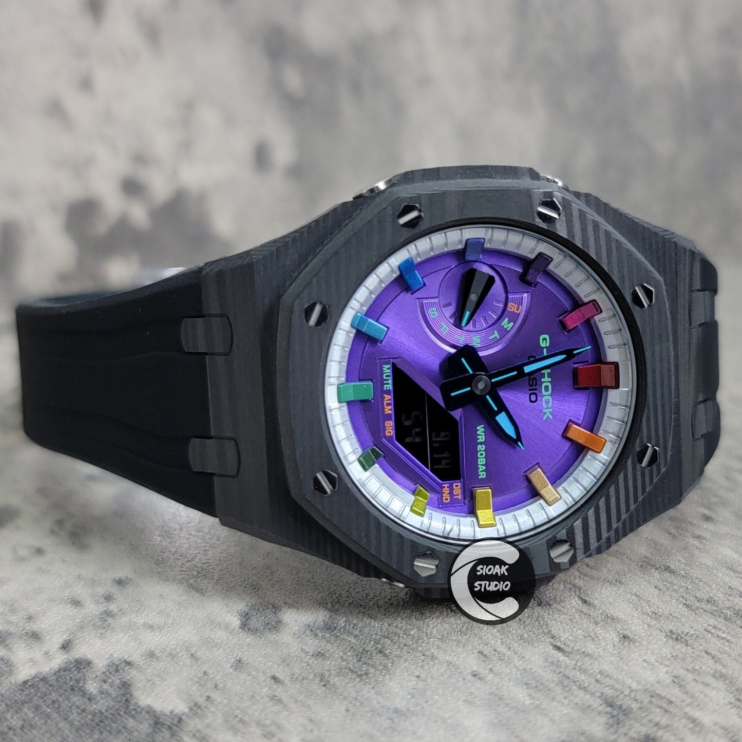 Casioak Mod Watch Carbon Fiber Black Case Black Strap Silver Rainbow Time Mark Purple Dial 44mm - Casioak Studio