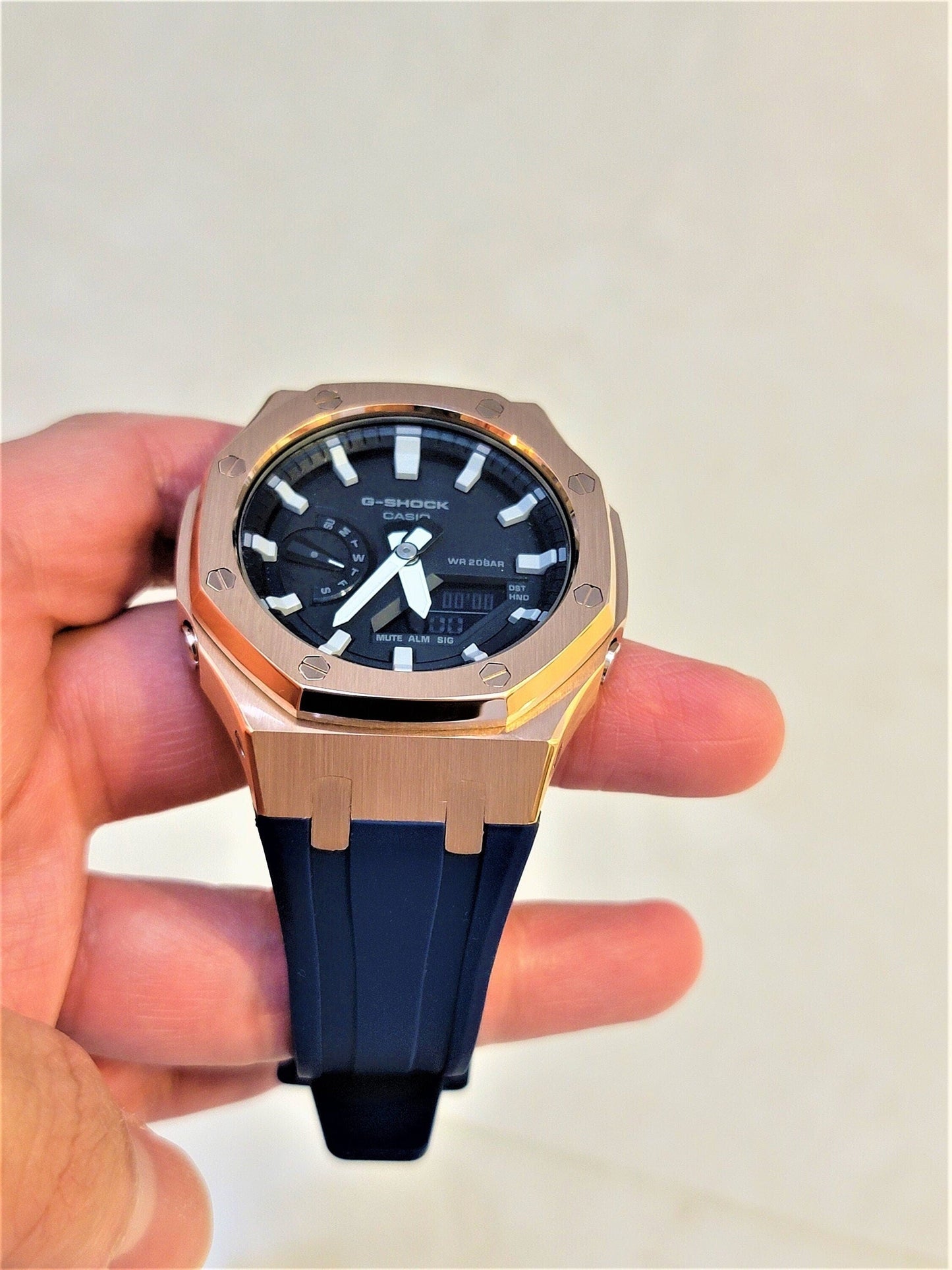 Casioak Mod Watch Rose Gold Case Blue Rubber Strap Black Light Gray Time Mark Black Dial 44mm - Casioak Studio