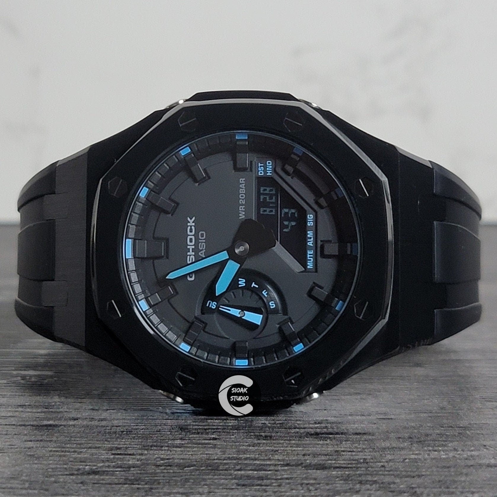 Casioak Mod Watch Black Case Black Rubber Strap Black Time Mark Black Dial Blue 44mm - Casioak Studio