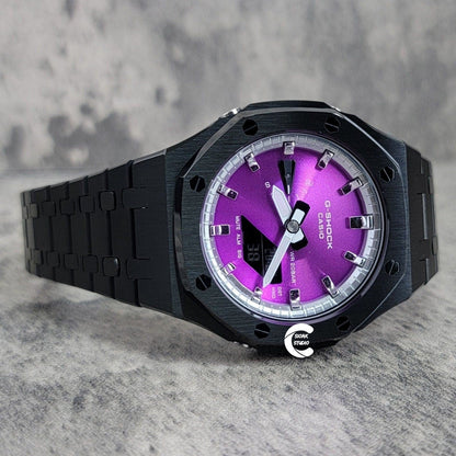 Casioak Mod Watch Black Case Metal Strap Silver Time Mark Purple Dial 44mm - Casioak Studio