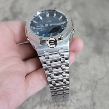 Casioak Mod Watch Offshore Superior Silver Case Metal Strap Blue Silver Time Mark Blue Waffle Dial 44mm - Casioak Studio