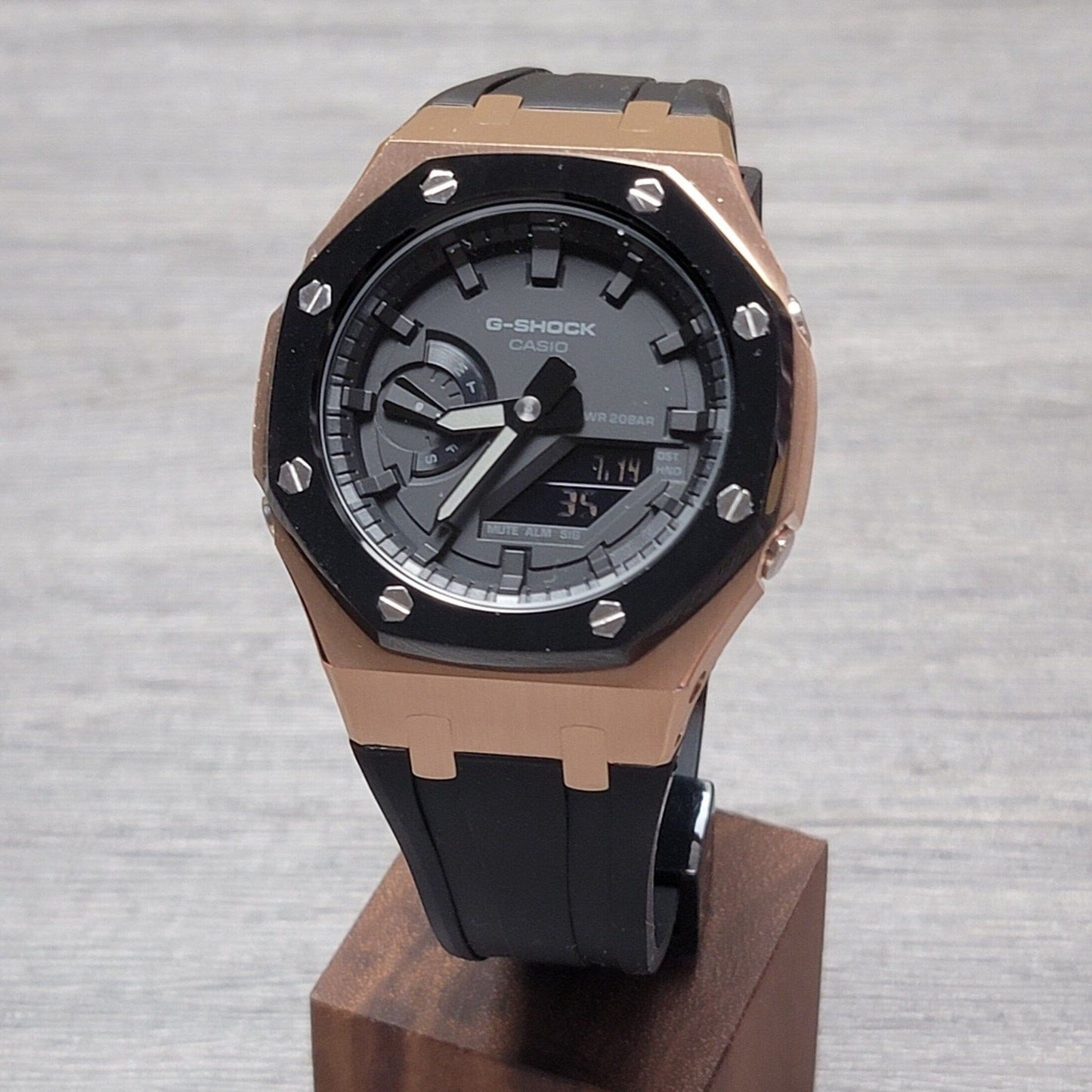 Casioak Mod Watch Black Rose Gold Case Black Rubber Strap Black Time Mark Black Dial 44mm - Casioak Studio