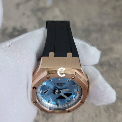 Casioak Mod Watch Rose Gold Case Black Rubber Strap Silver Time Mark Ice Blue Dial 44mm Gray - Casioak Studio