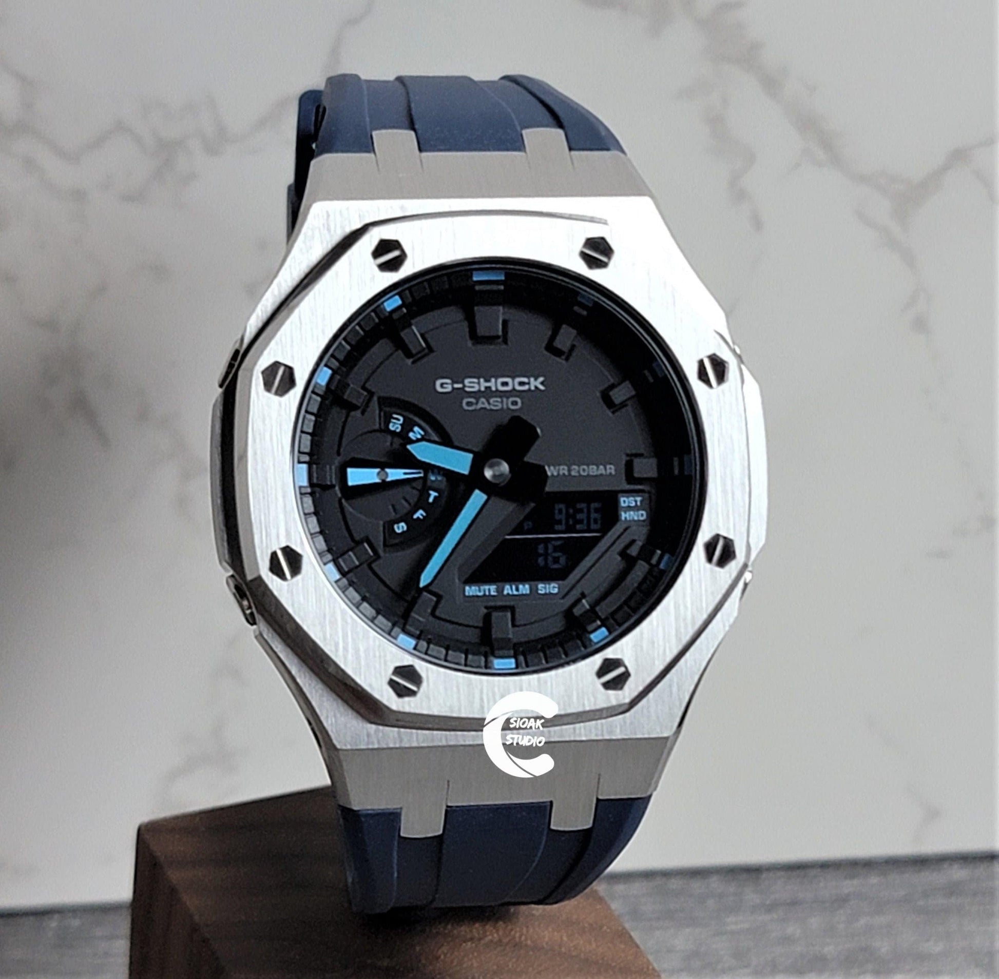 Casioak Mod Watch Silver Case Blue Rubber Strap Black Time Mark Black Dial 44mm - Casioak Studio