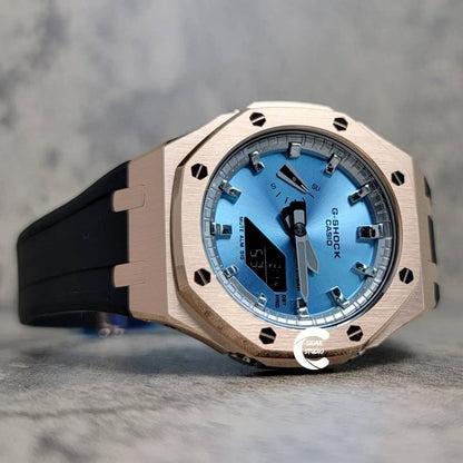 Casioak Mod Watch Rose Gold Case Black Rubber Strap Silver Time Mark Ice Blue Dial 44mm Gray - Casioak Studio