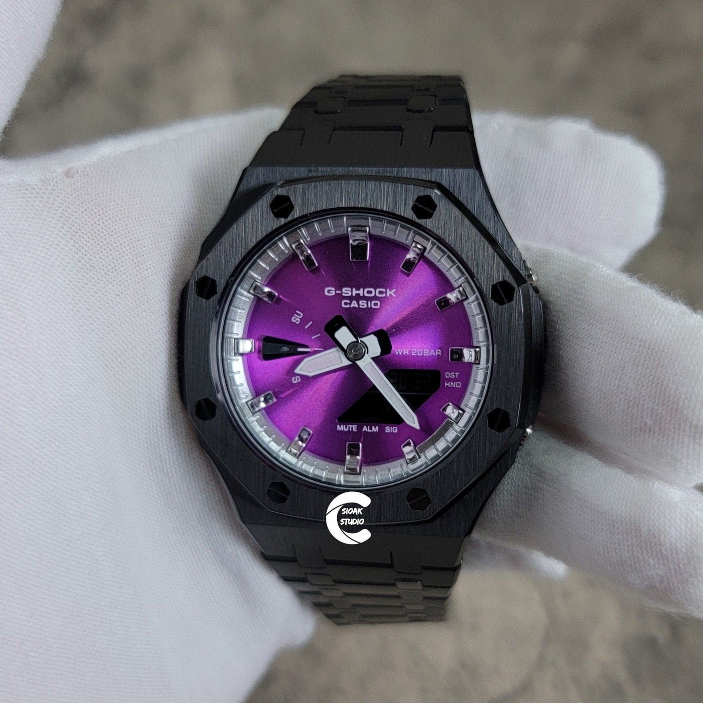 Casioak Mod Watch Black Case Metal Strap Silver Time Mark Purple Dial 44mm - Casioak Studio