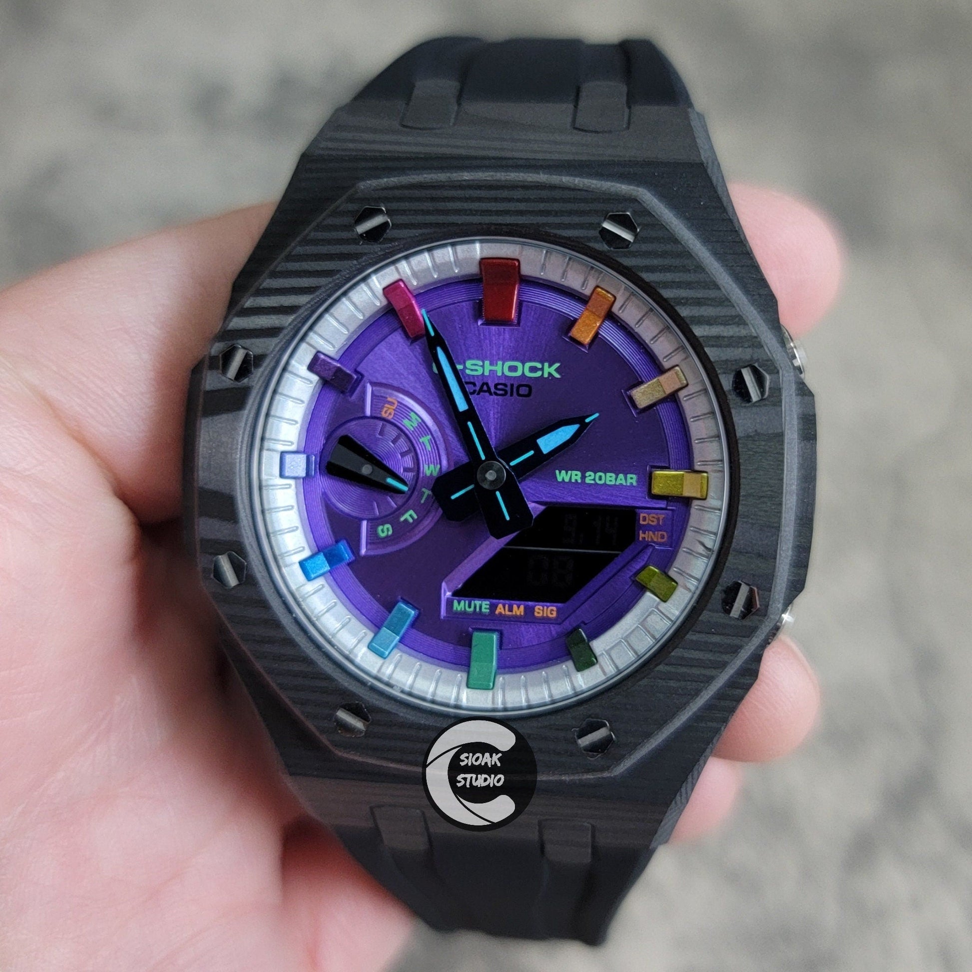 Casioak Mod Watch Carbon Fiber Black Case Black Strap Silver Rainbow Time Mark Purple Dial 44mm - Casioak Studio